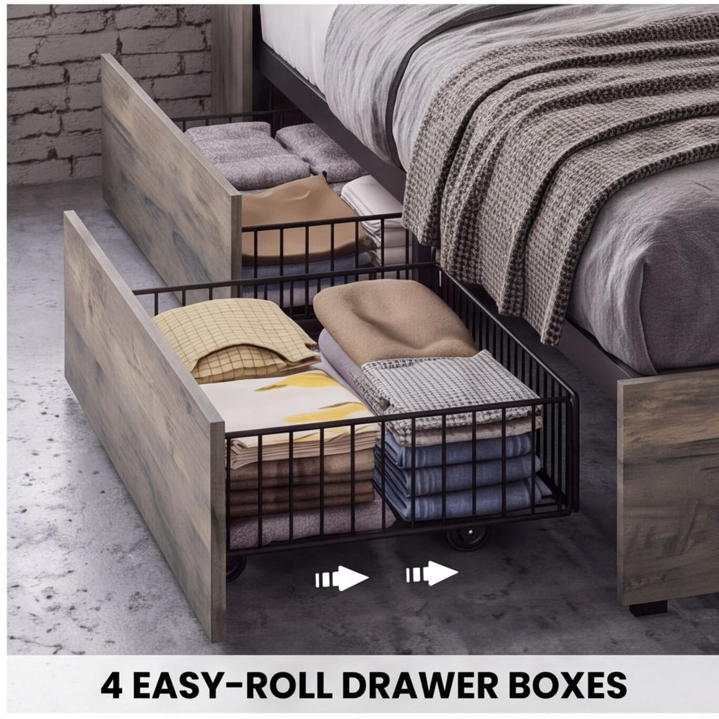 Bed Frame with Storage Bookcase Headboard & Sliding Barn Door