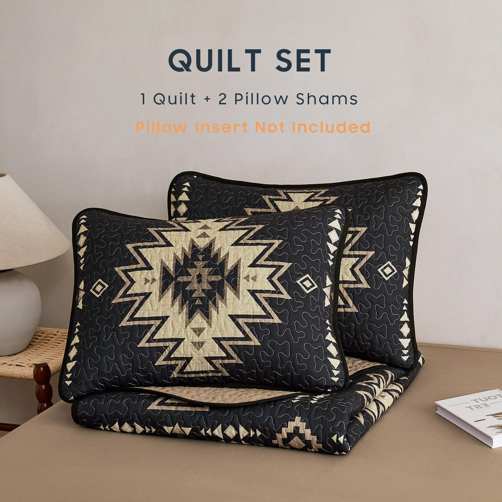 Quilt Set, Southwestern Rustic Farmhouse Style with Aztec Geometric Pattern, Reversible Lightweight Bedspread