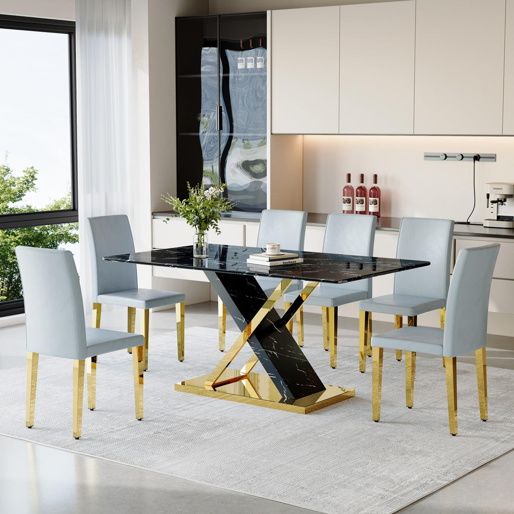 Chromeplate Marble Dining Table Set for 6 with Grey Gold Chairs