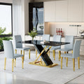 Chromeplate Marble Dining Table Set for 6 with Grey Gold Chairs