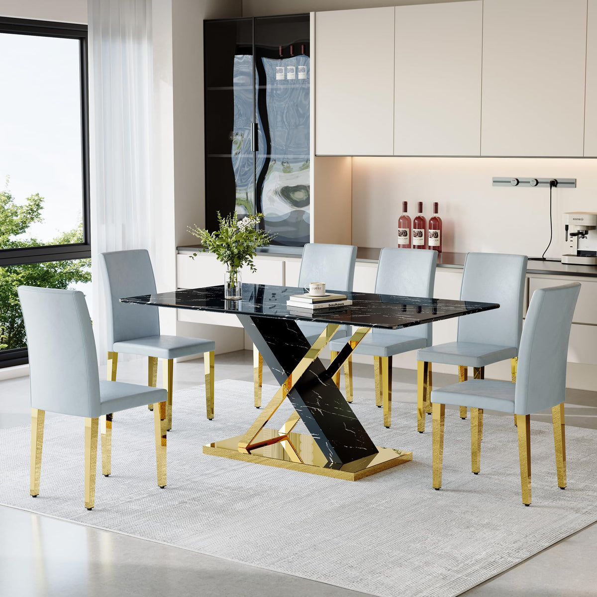 Chromeplate Marble Dining Table Set for 6 with Grey Gold Chairs