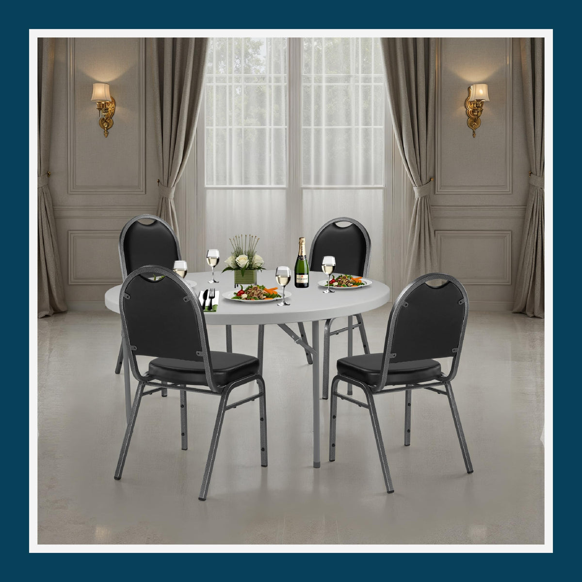 2 Commercial-Grade Dome Back Banquet Stack Chair (Black Vinyl, Silver Powder-Coated Frame, 2-Pack)