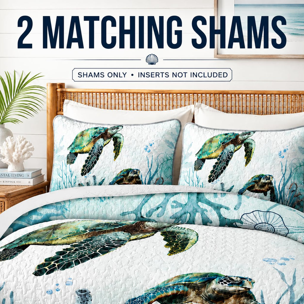 Sea Turtle Bedding Quilt Set, Teal Blue Ocean Beach Coastal Bedspread Coverlet, 3 Pieces Soft Lightweight
