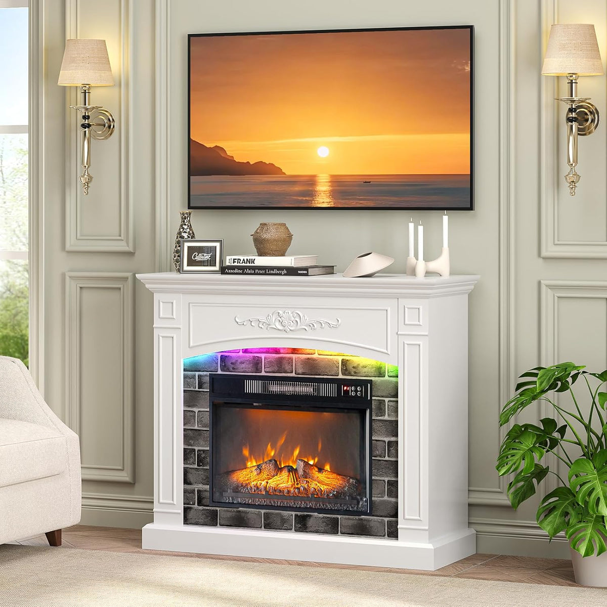 43 Inch Fireplace TV Stand for TVs up to 55 Inches, Modern Entertainment Center with 18 Inch Electric Fireplace, Mantel and LED Light Strips, White