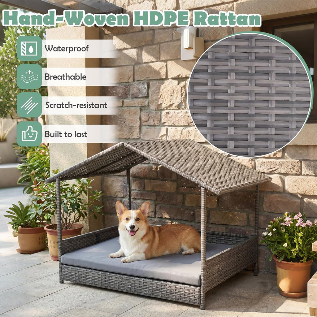 Outdoor Wicker Dog Bed with Canopy, Indoor HDPE Rattan Dog House, Raised Dog Cot Pet House, Elevated Pets Sofa