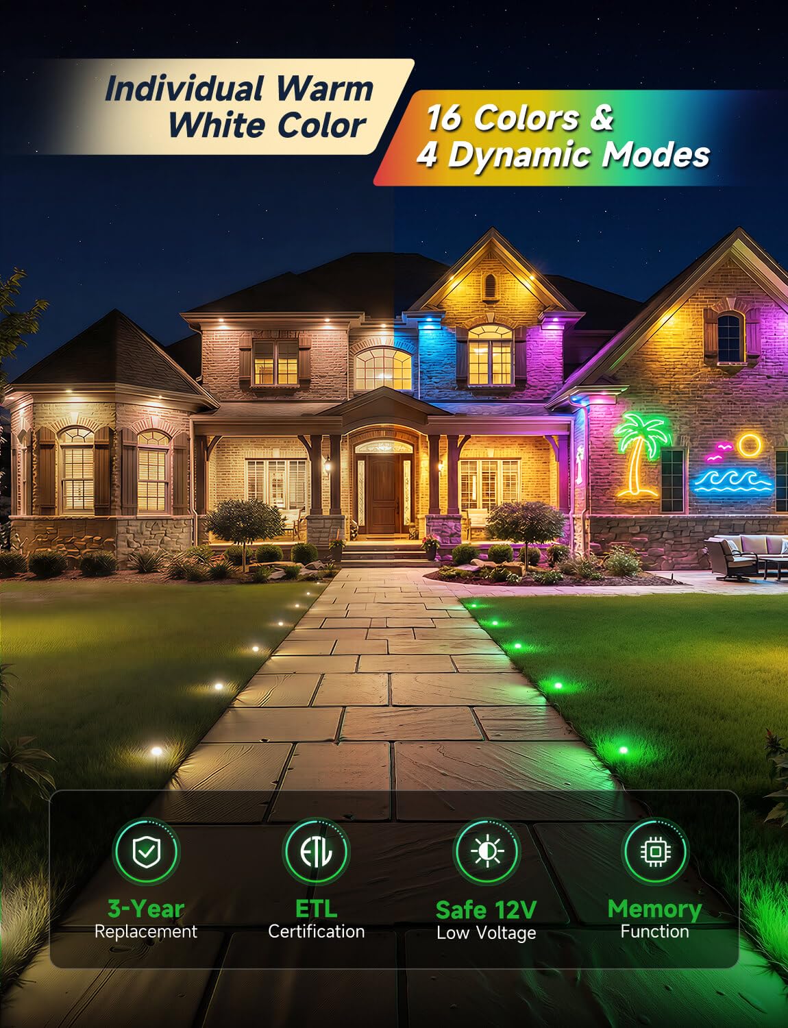 Outdoor In-Ground Lights, 2 Pack Mini 3W 12V Low Voltage Well Lights, Warm White & 16 Colors, IP67 Waterproof
