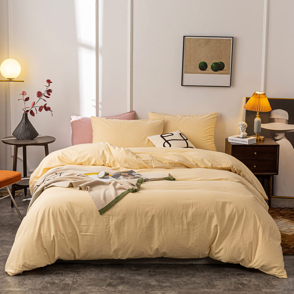 Washed Cotton Duvet Cover Ultra Soft 100% Cotton Solid Color Cream Yellow Duvet Cover Set with Zipper Closure