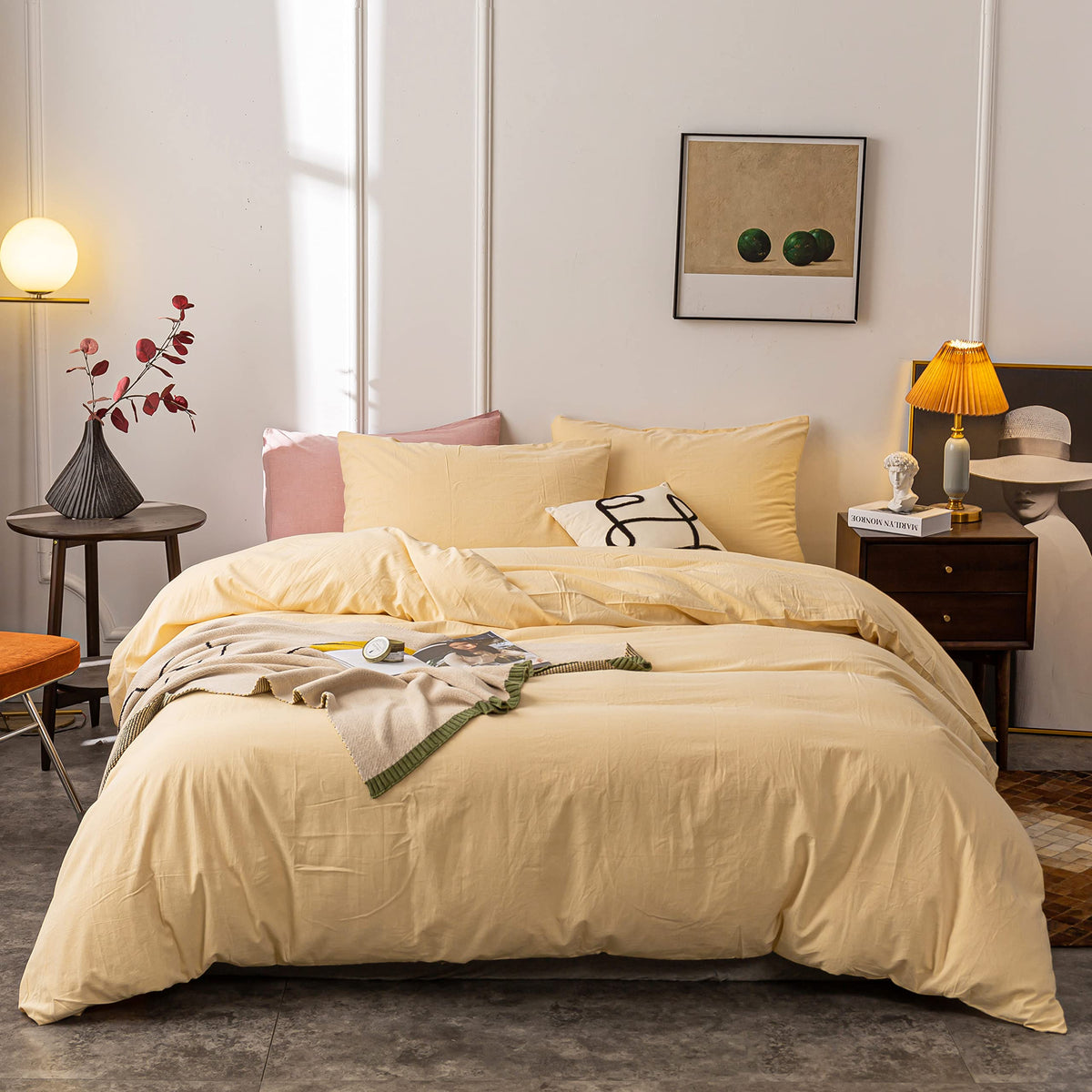 Washed Cotton Duvet Cover Ultra Soft 100% Cotton Solid Color Cream Yellow Duvet Cover Set with Zipper Closure