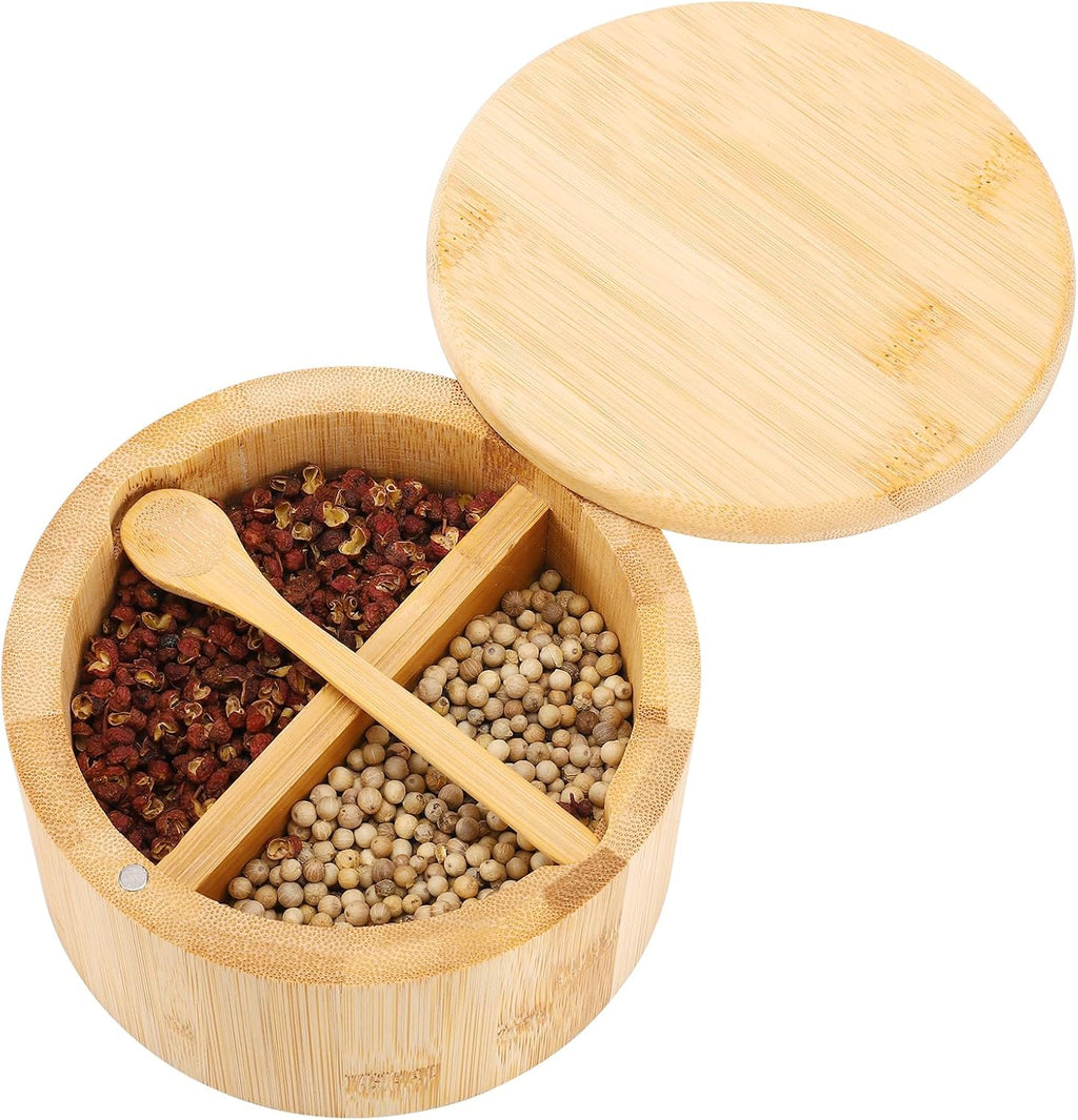 Natural bamboo Salt and Pepper Bowl, Bamboo Salt Cellar and Spices Storage Box With Built-in Spoon and Magnetic