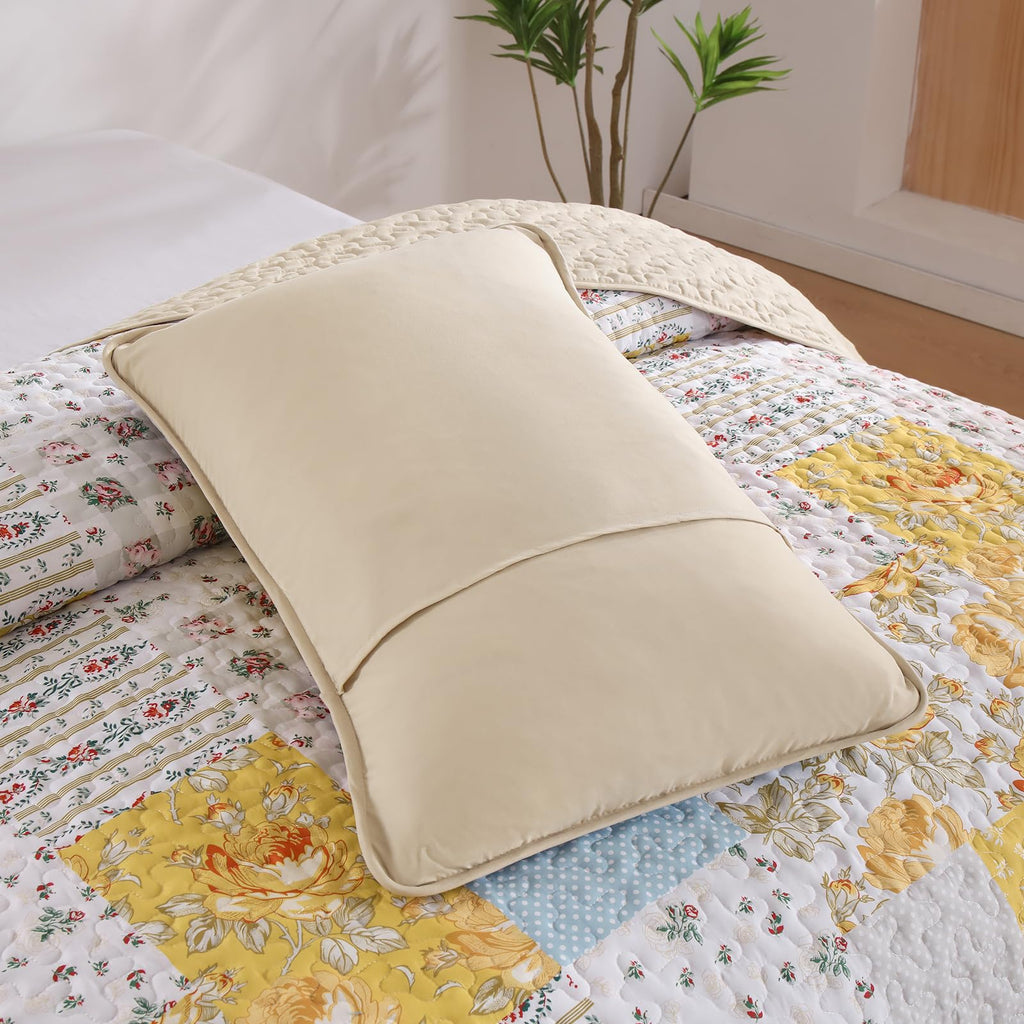 Yellow Patchwork Quilt Set, Rose Floral Plaid Bedspread