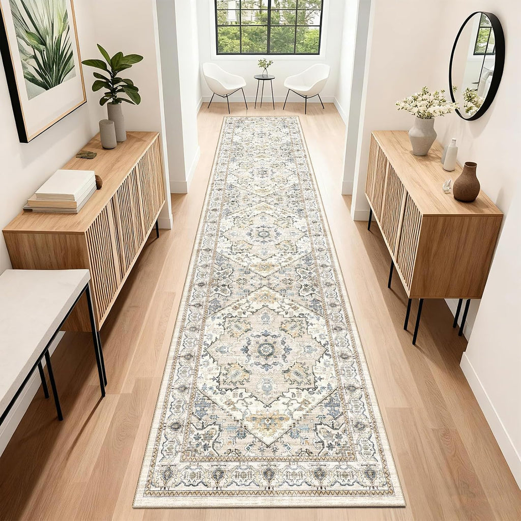 Boho Washable Runner Rugs Beige Non Slip Low Pile Long Runner Rug, Stain Resistant Soft Faux Wool Runners
