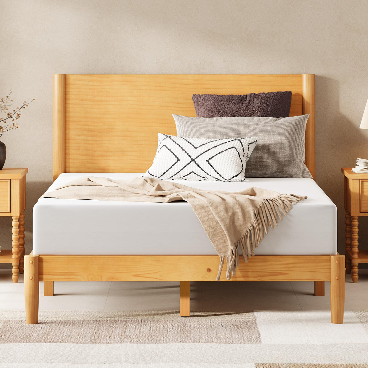 Solid Wood Full Bed Frame, Mid Century Bed with Headboard, Natural