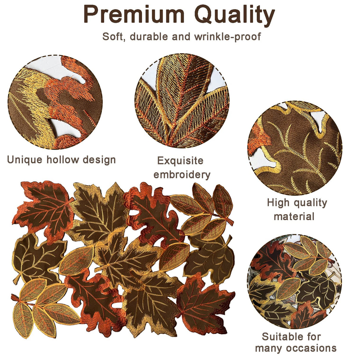 Embroidered Fall Placemats Set of 6, 15 in, Thanksgiving Round Table Mats
