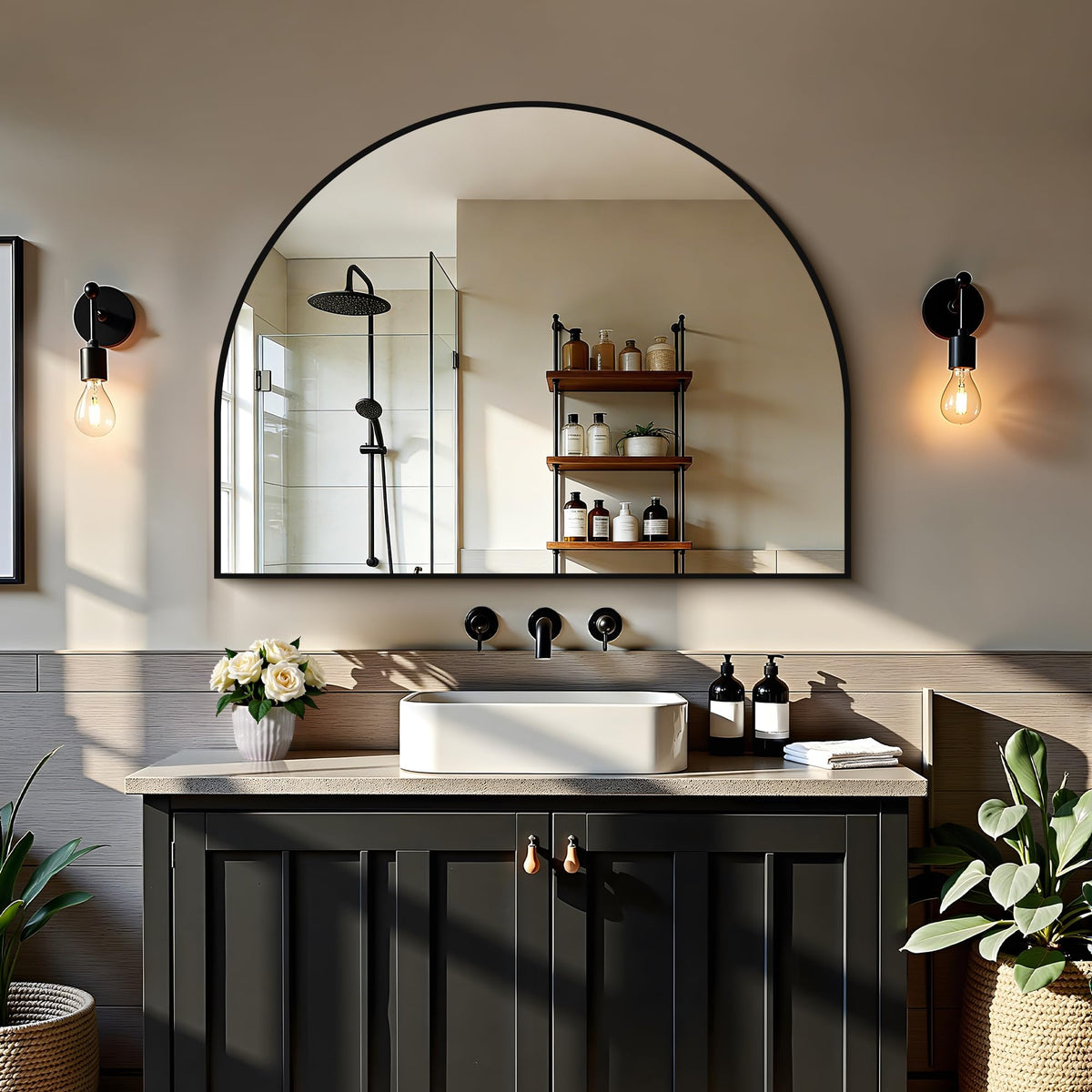 Arched Wall Mirror 40"x30", Black Arched Mirror &Mantel