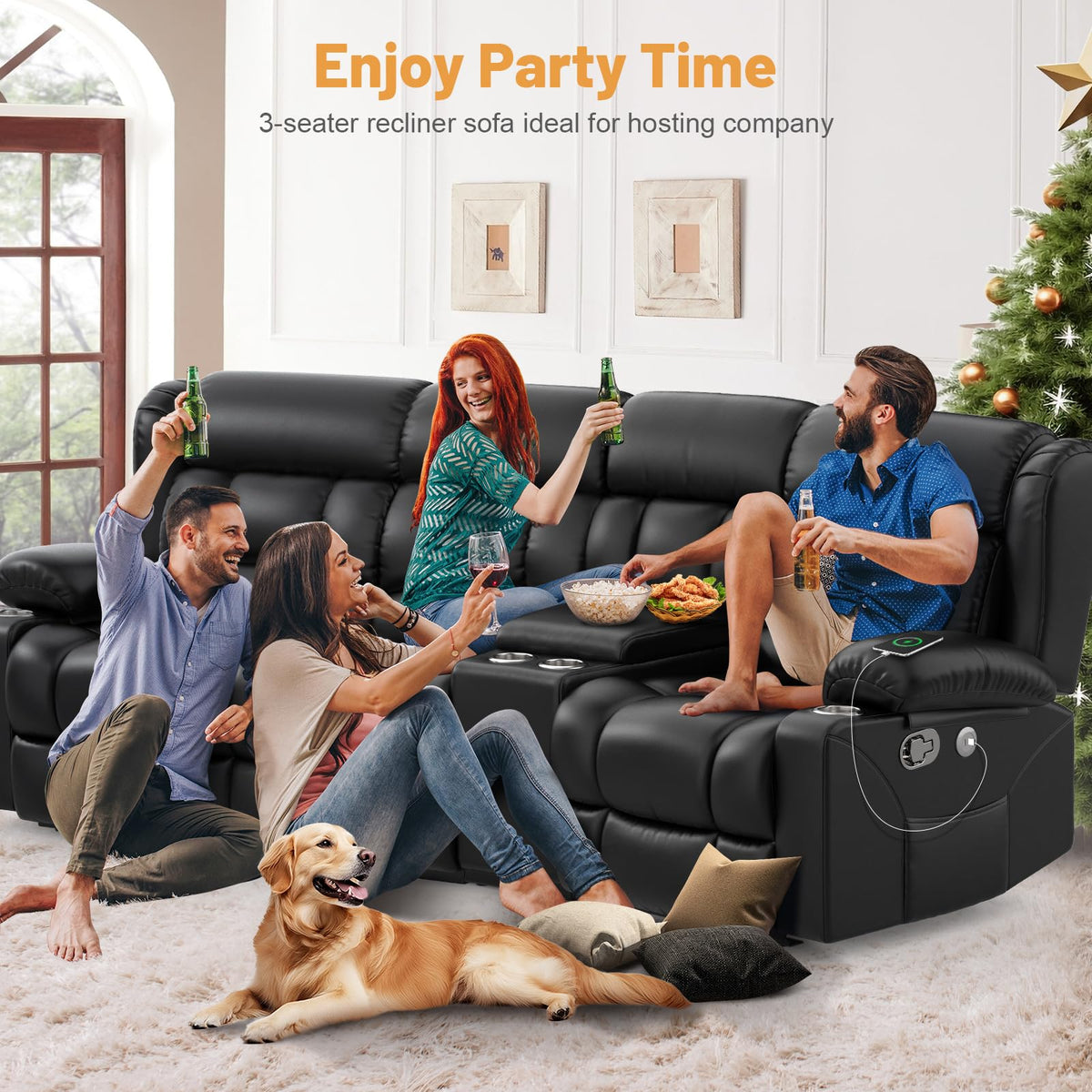 Recliner Sofa Set with Storage Console, Flip Middle Backrest Design 3 Seater Reclining Sofa and 2PC Single Recliner