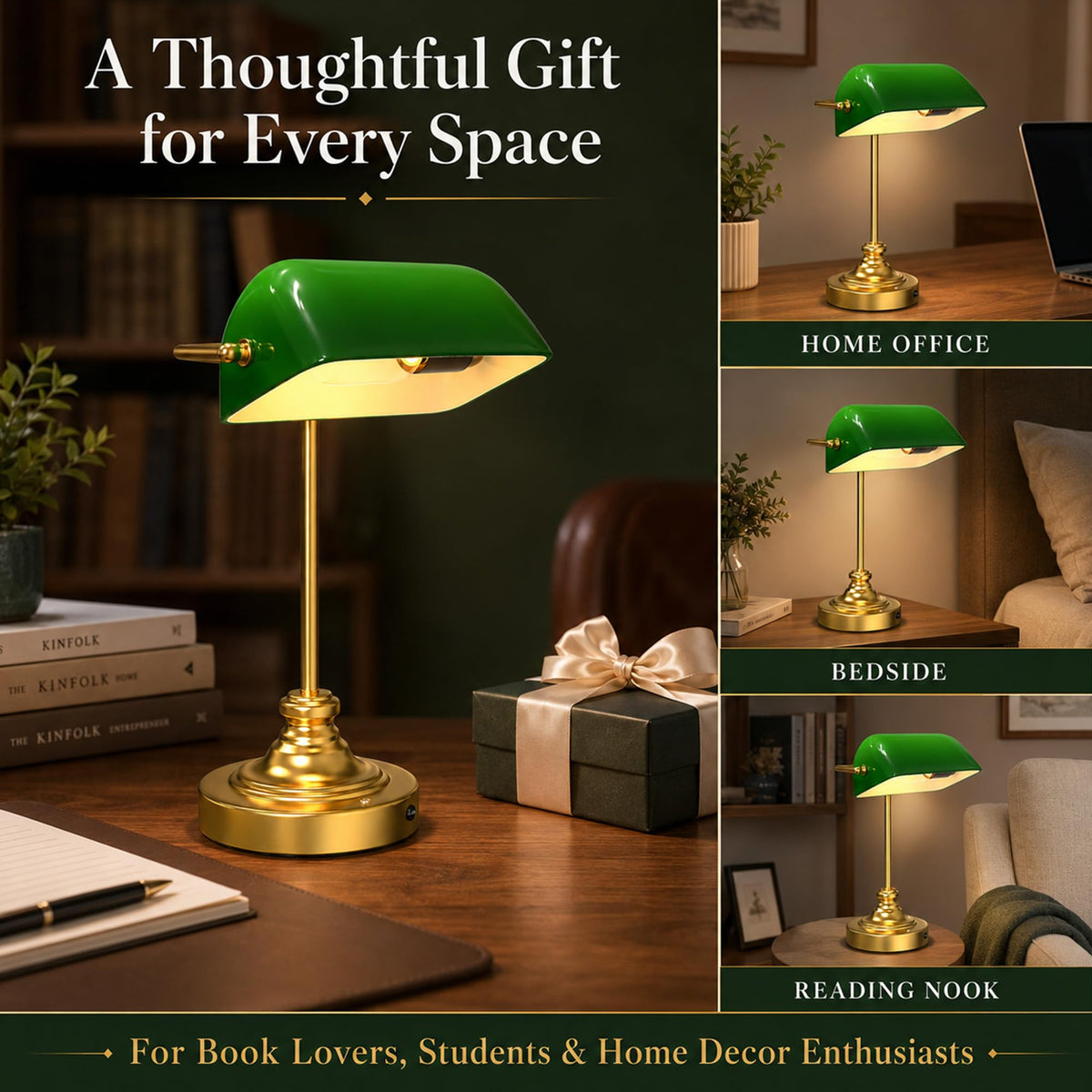 Cordless Bankers Lamp Rechargeable Green Glass Desk Lamp