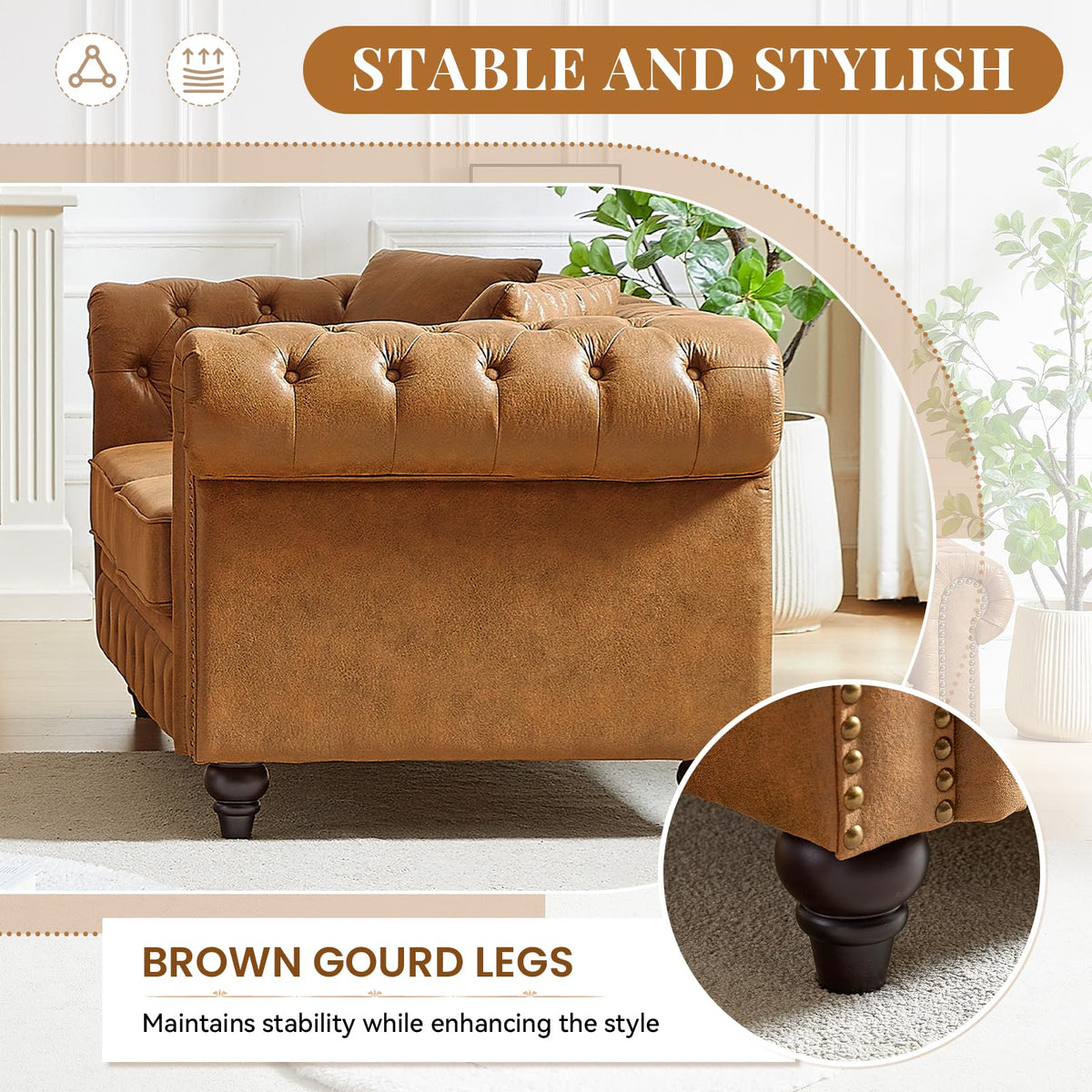 63.5inch Modern Upholstered Chesterfield Tech Fabric Loveseat Sofa, Brown