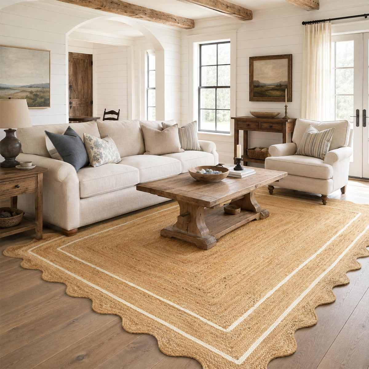 Jute Area Rug Natural Wave Scallop Ivory Border Handmade Rug