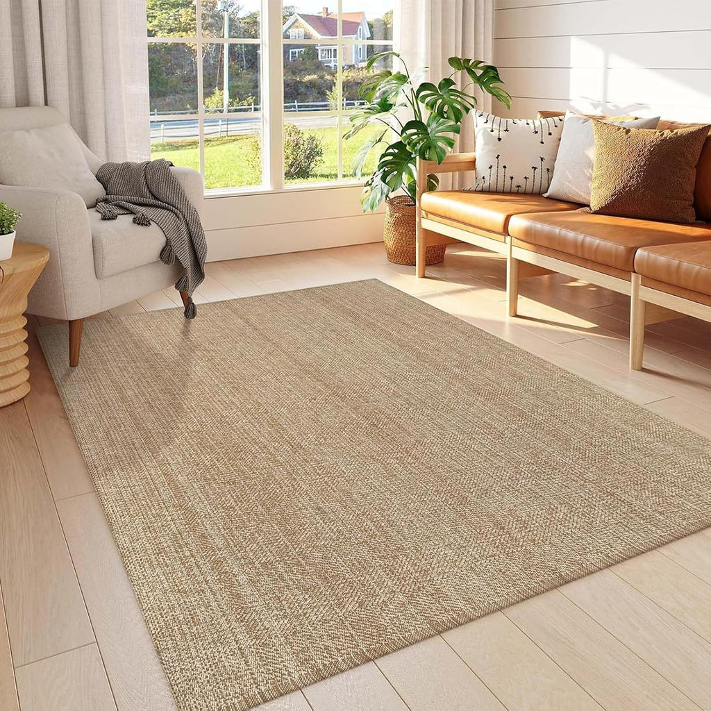 Boho Living Room Rugs, Washable Woven Cotton Modern Bedroom Rugs | Farmhouse Tan Braided Floor Carpet Rug Room