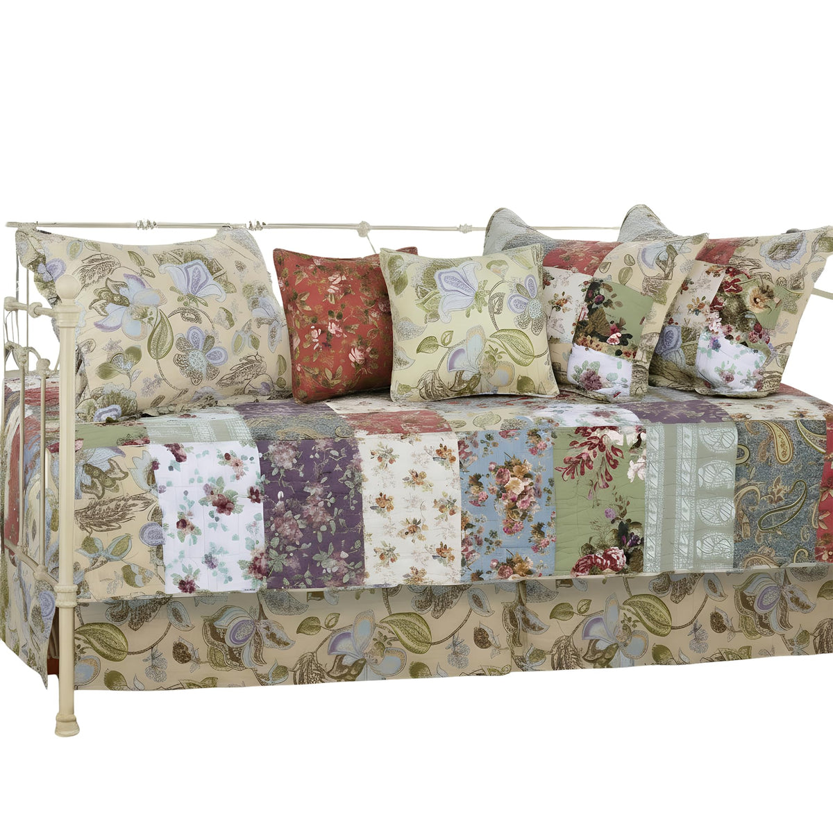 100% Cotton Authentic Patchwork Quilted Daybed Set, 7 Piece, Blooming Prairie