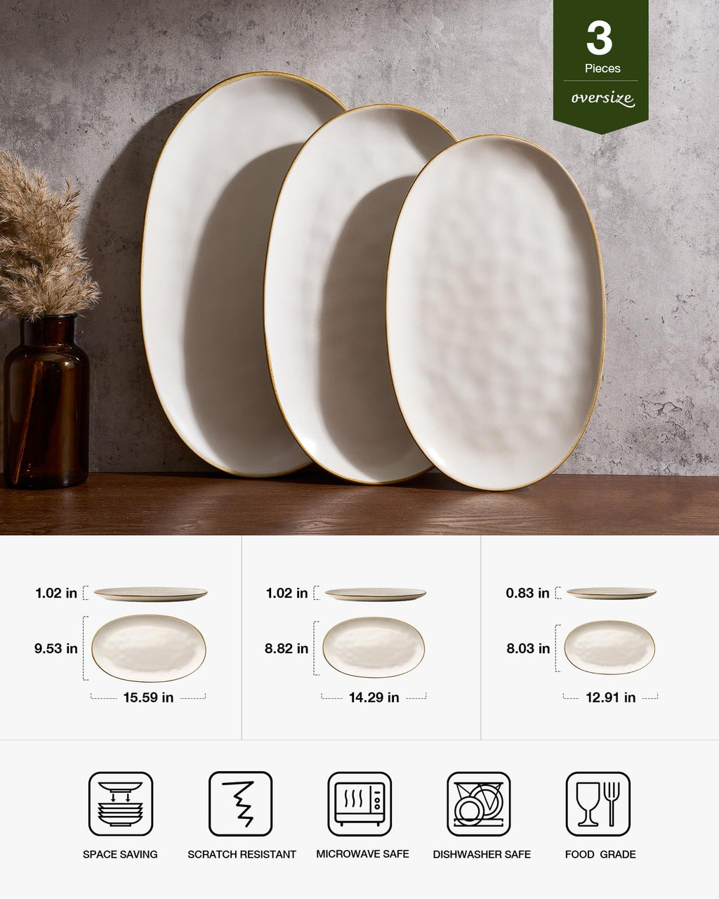 Serving Platters Set of 3 Sizes - Oval, Matte White