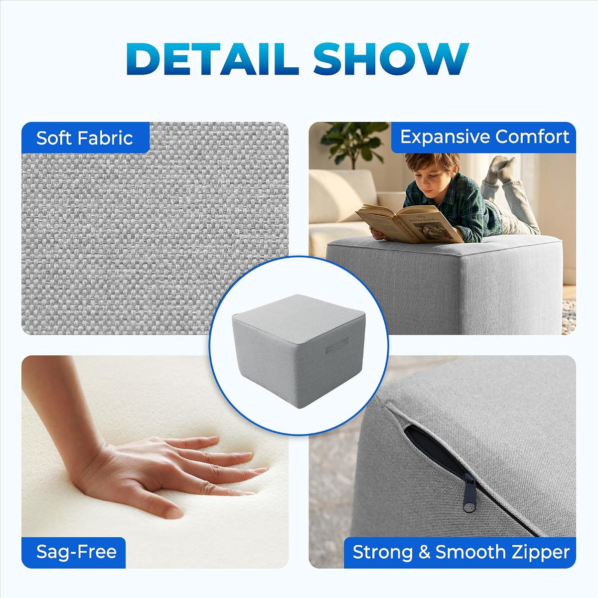 Square Outdoor Ottoman Pouf, 24" Waterproof Patio Foot Rest, Light Gray | Ottoman Foot Rest, Comfy Footstool