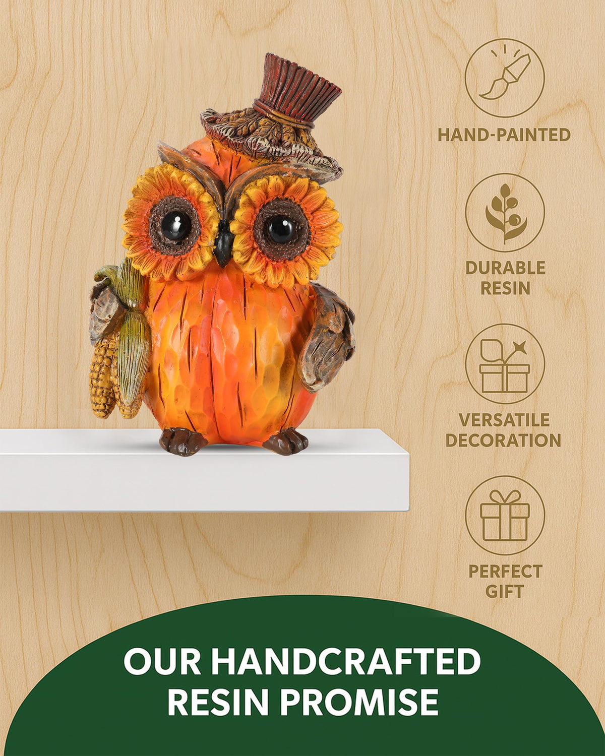 Set of 2 Thanksgiving Decorations Owl Figurines - Hand-Painted Resin Pumpkin Owls with Sunflower Eyes & Hats, 4.7"