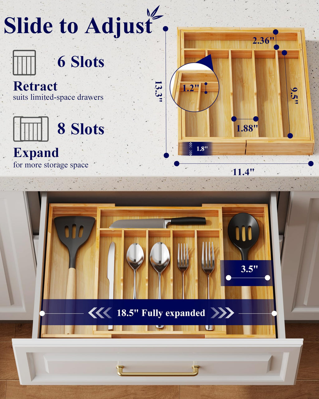 Silverware Organizer, Bamboo Kitchen Drawer Tray, Natural, Large