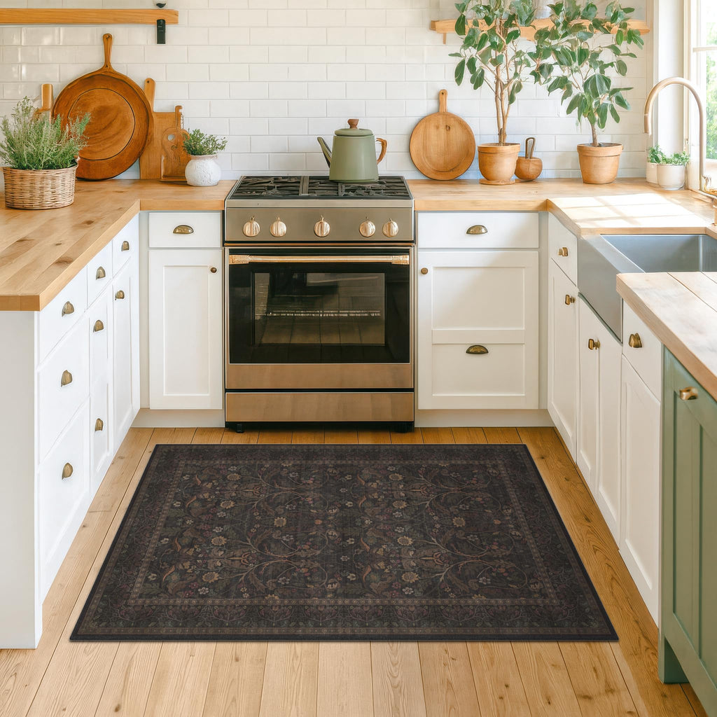 Rustic Brown Large Entry Way Area Rugs Indoor Washable - Non-Slip Low Pile Kitchen Floor Mats, Floral Botanical