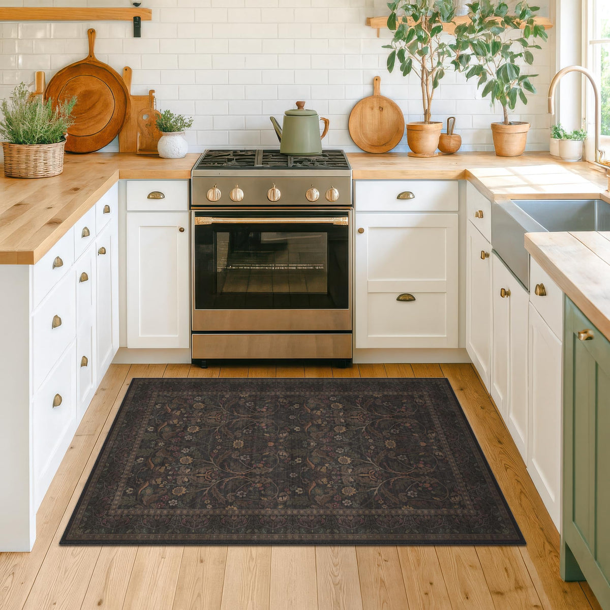 Rustic Brown Large Entry Way Area Rugs Indoor Washable - Non-Slip Low Pile Kitchen Floor Mats, Floral Botanical