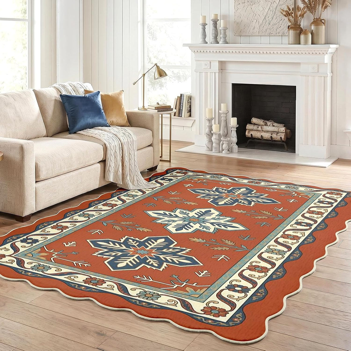 Washable Scalloped Area Rug, Boho Aztec, 5'x7'
