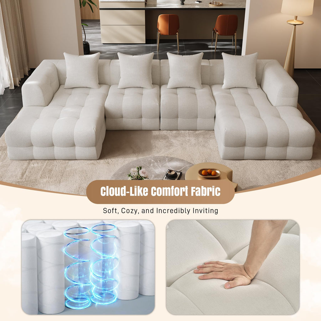 136" Boneless U-Shaped Couch, Cloud Sofa, Beige White