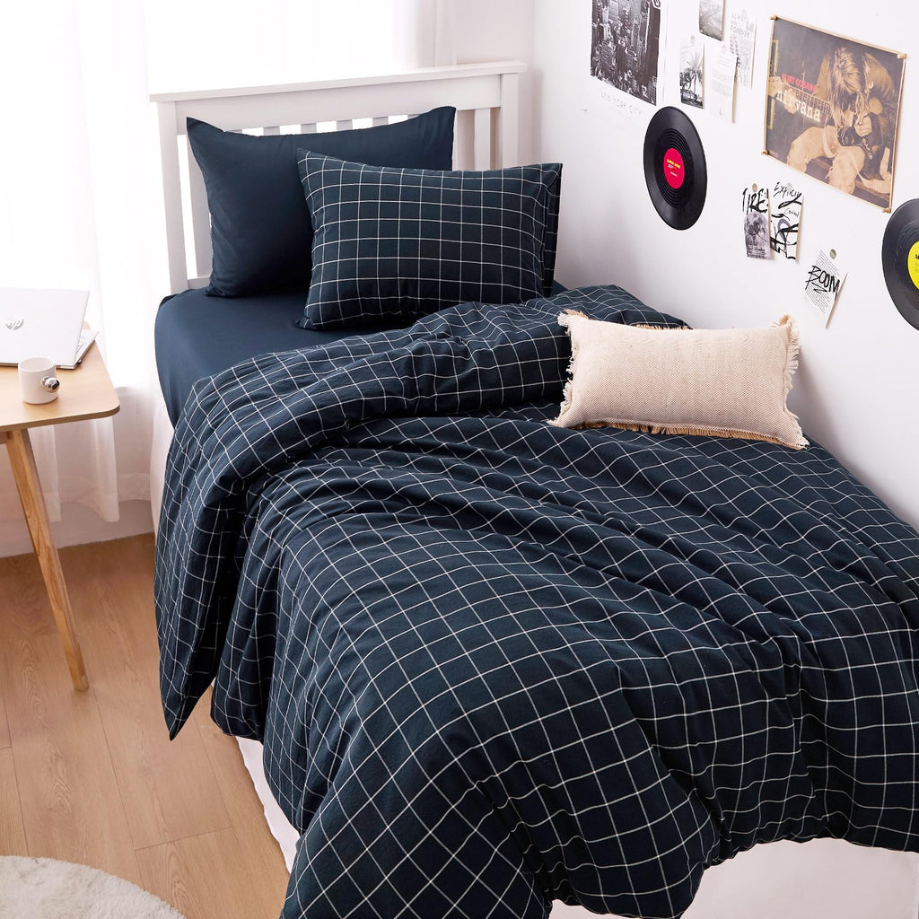Grid Cotton Duvet Cover Set, Plaid Checkered Geometric Farmhouse, 100% Washed Cotton Textured Bedding Set, 3 Pieces