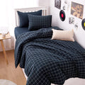 Grid Cotton Duvet Cover Set, Plaid Checkered Geometric Farmhouse, 100% Washed Cotton Textured Bedding Set, 3 Pieces