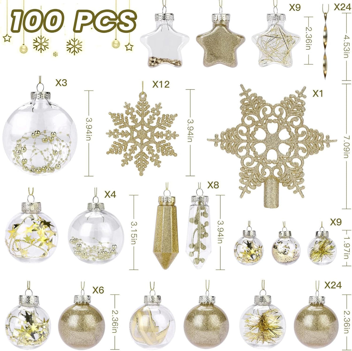 100PCS Christmas Tree Ornaments Clear Set, Gold