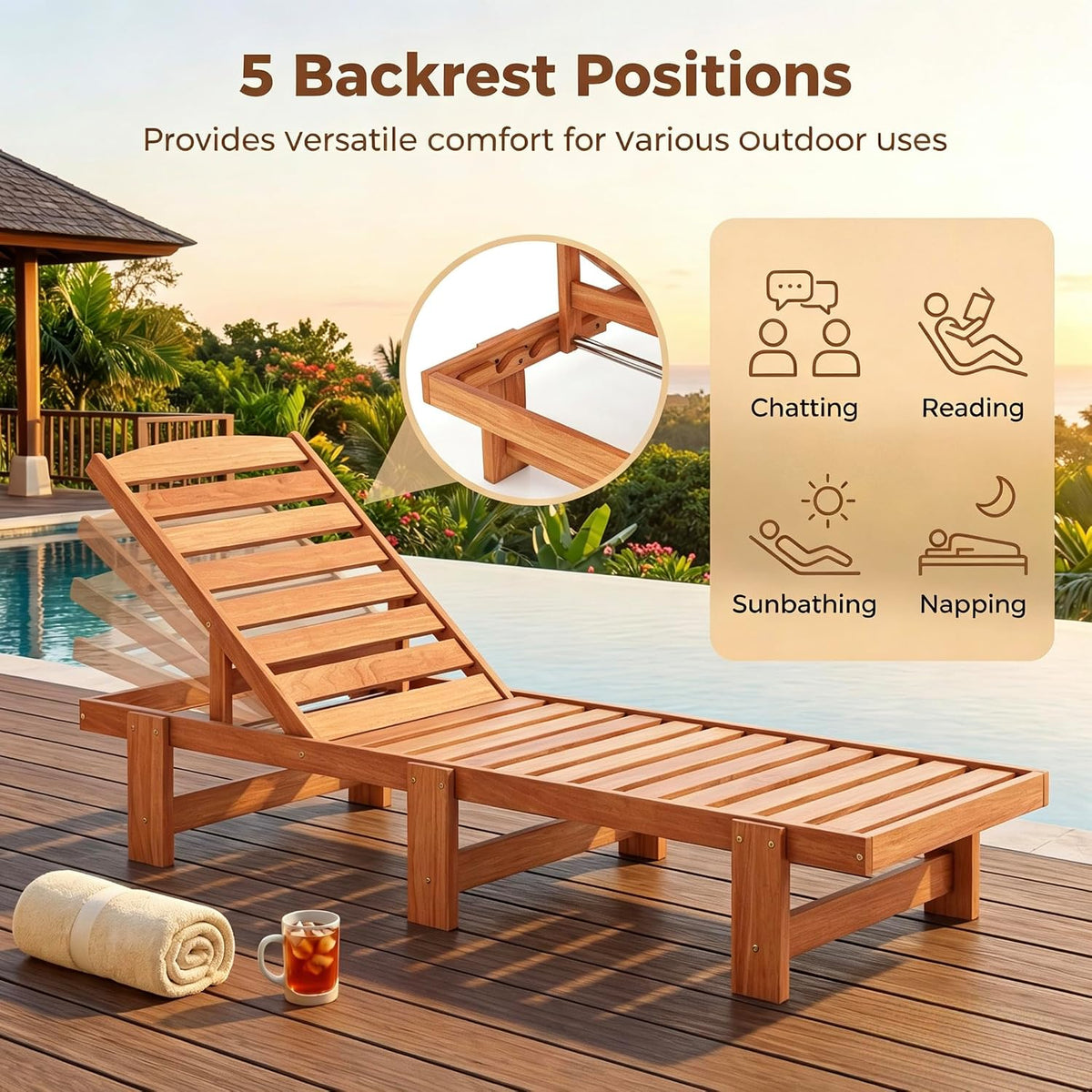 Solid Wood Chaise Lounge, Outdoor Lounge Chair Teak Oil Finished | 5-Position Adjustable Backrest, Wooden Patio