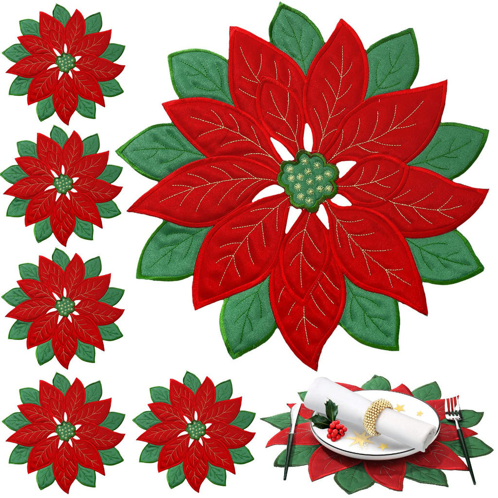 Christmas Poinsettia Placemats Set of 6, 14 Inch Embroidered Table Mats