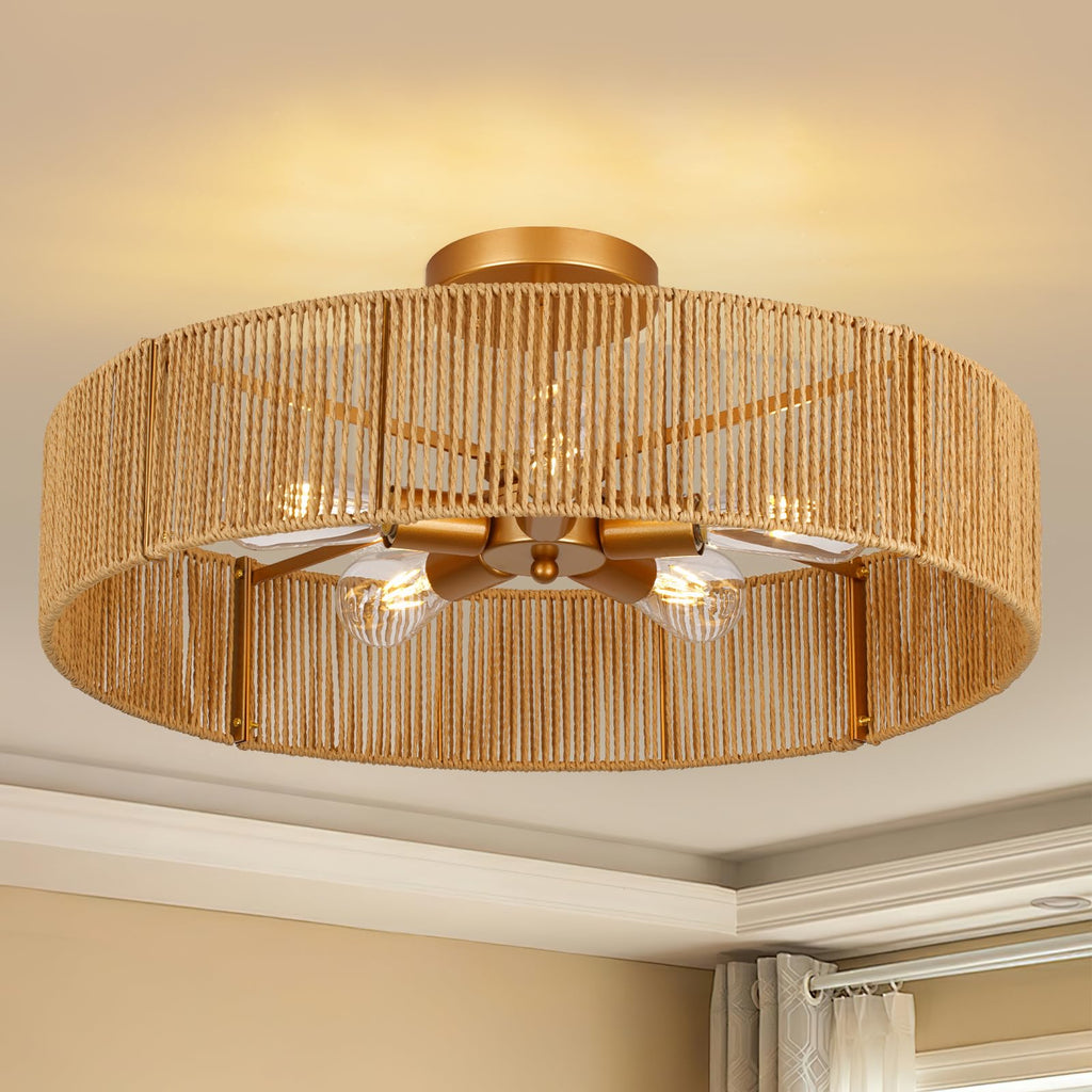 24" Natural Rattan Flush Mount Ceiling Light Fixture, 5-Light Gold Hand-Woven Wicker Boho Chandelier, Rustic Lamp