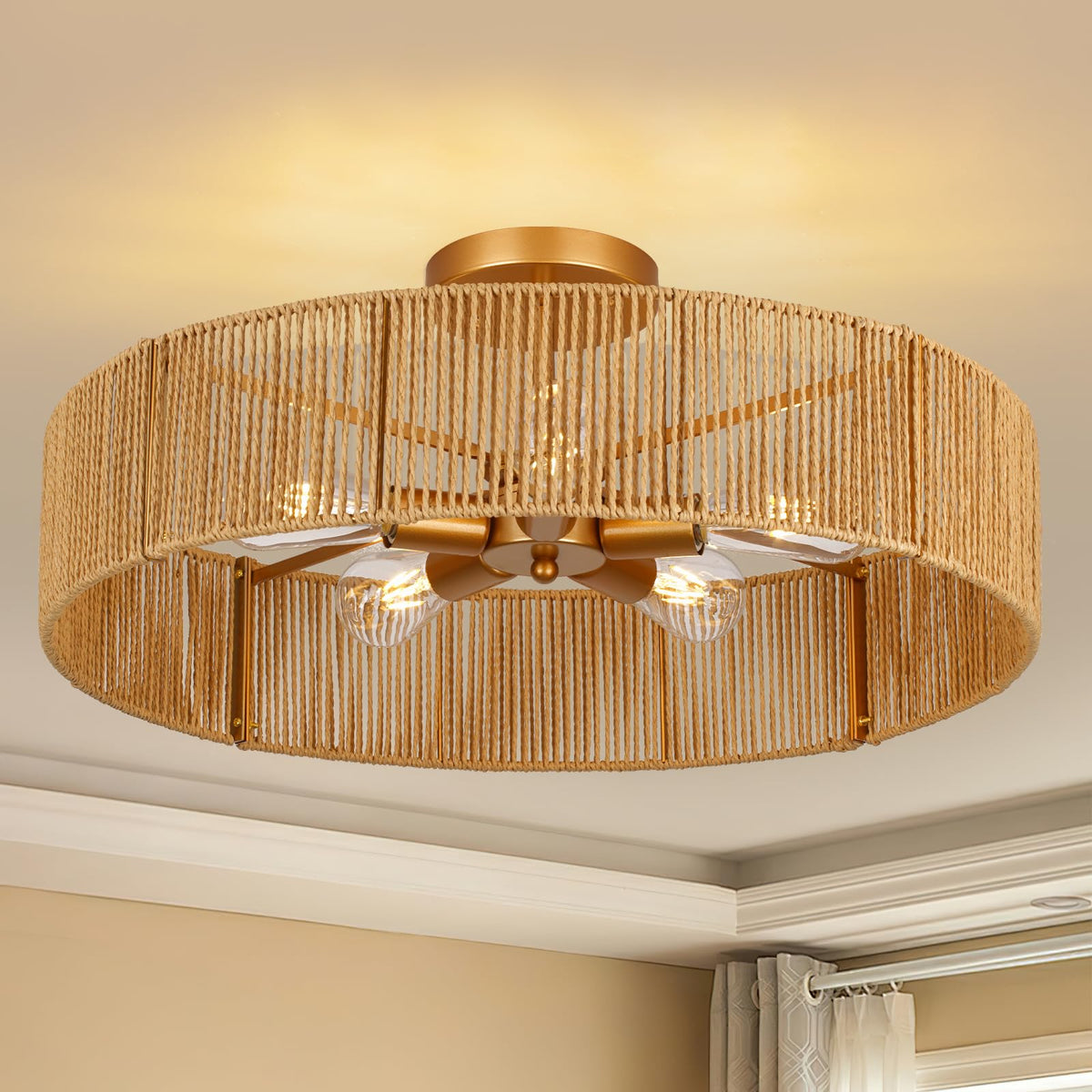 24" Natural Rattan Flush Mount Ceiling Light Fixture, 5-Light Gold Hand-Woven Wicker Boho Chandelier, Rustic Lamp