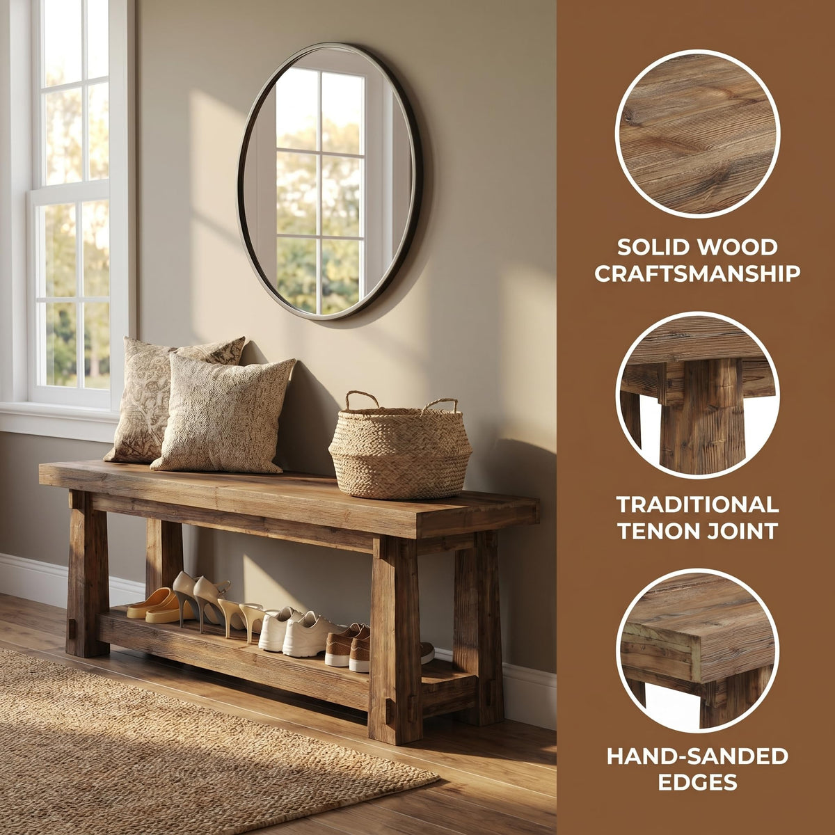55" Wood Entryway Bench with Shoe Storage, Rustic Dining Bench