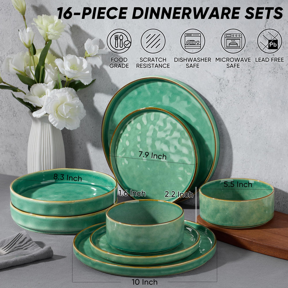 Stoneware Dinnerware Set, 16-Piece Plates and Bowls Sets for 4