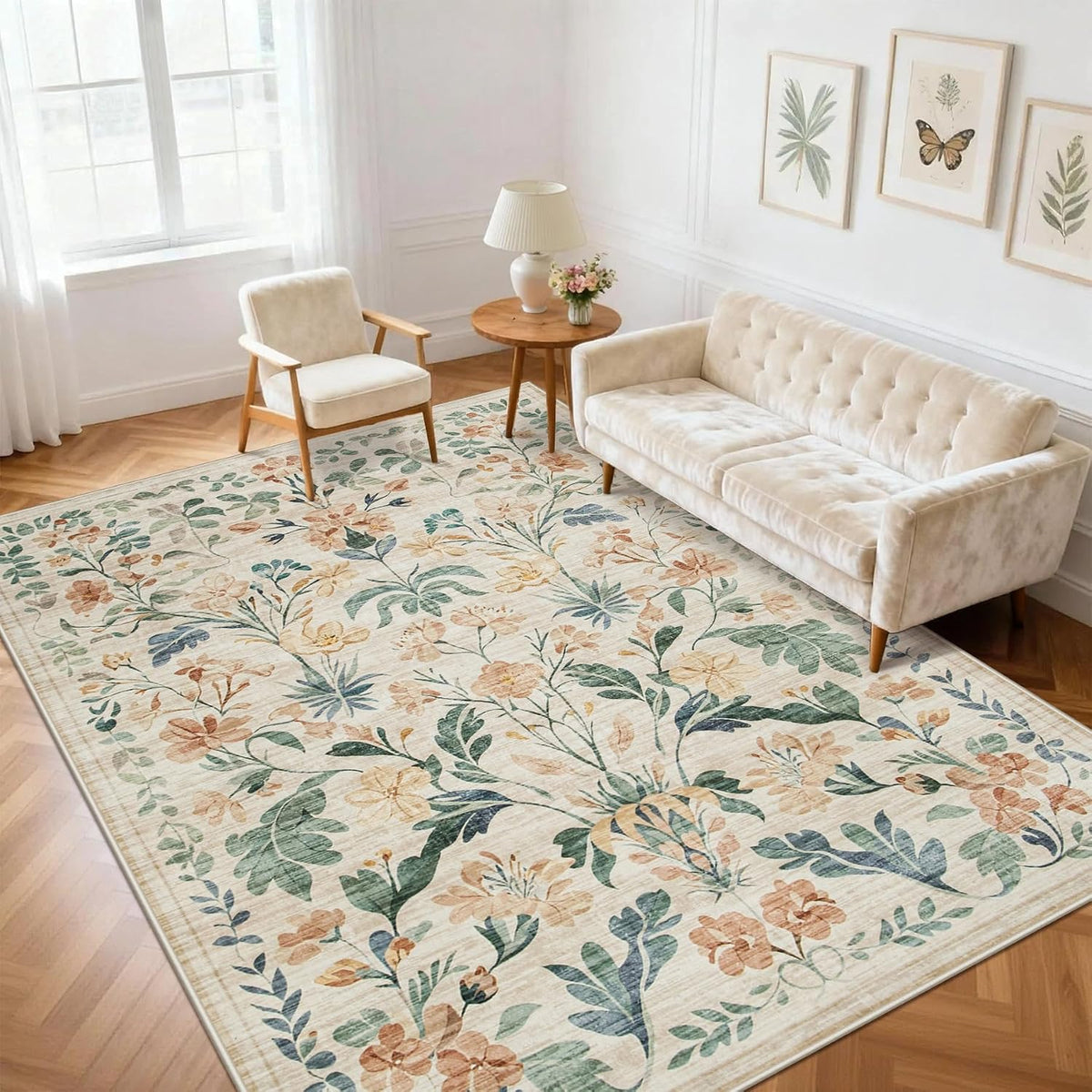 Area Rugs Boho Floral Washable Living Room Rug Neutral Carpet Nursery