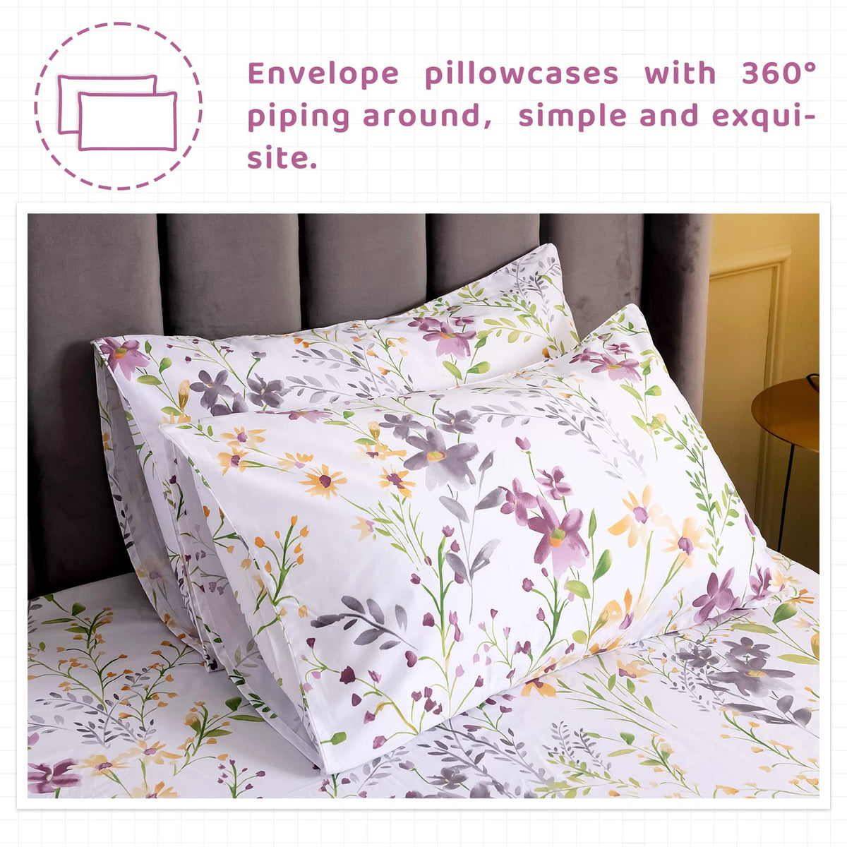 Floral Queen Size Sheet Sets - Yellow Wild Flower Botanical Pattern Egyptian Cotton Printed Bedding Sheets Set Queen