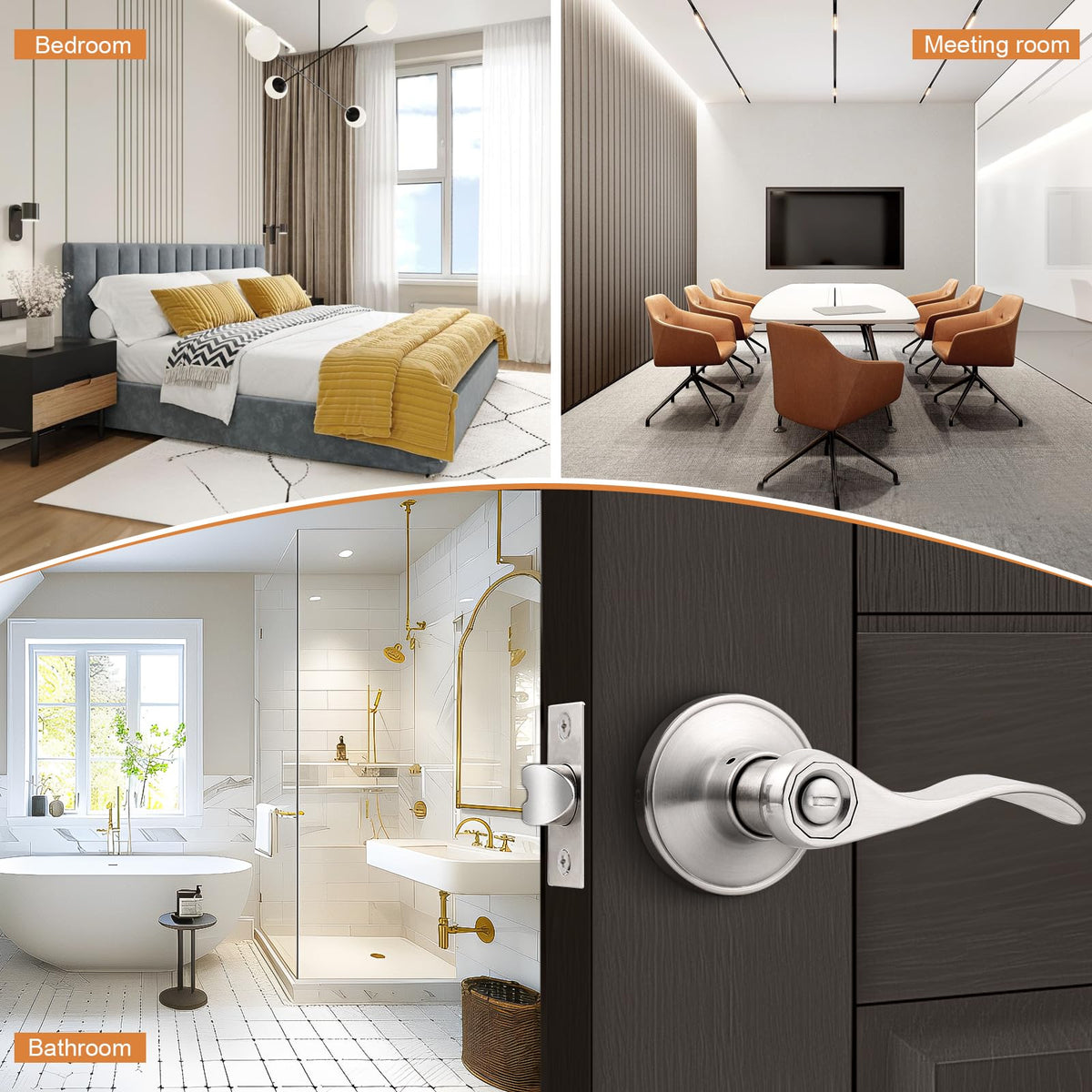 Interior Door Handles Satin Nickel, Privacy Bedroom Door Levers Wave Style, Keyless Door Handles with Lock, 4 Pack