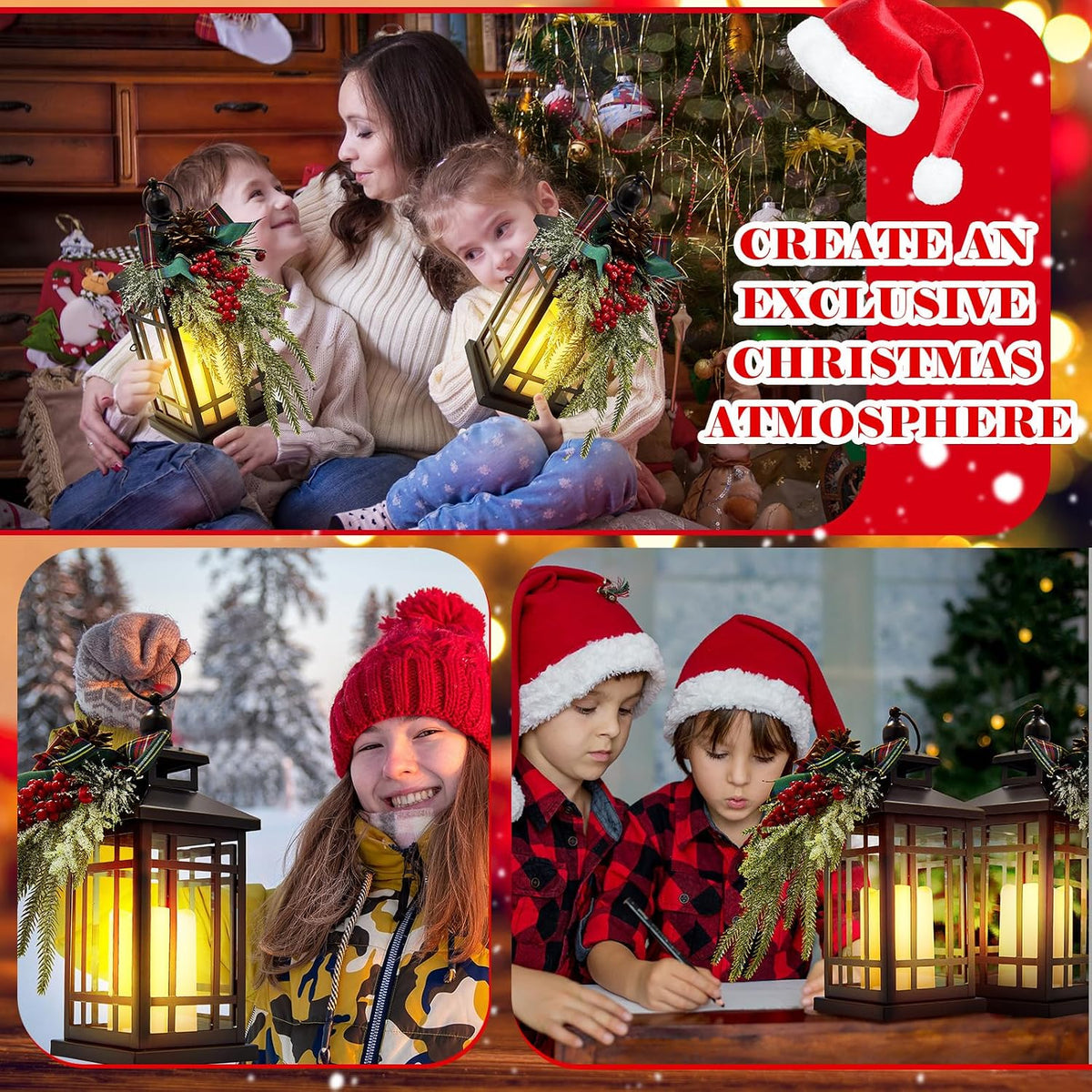 3 Set 14 Inch Christmas Lantern with LED Flickering Flameless Candle