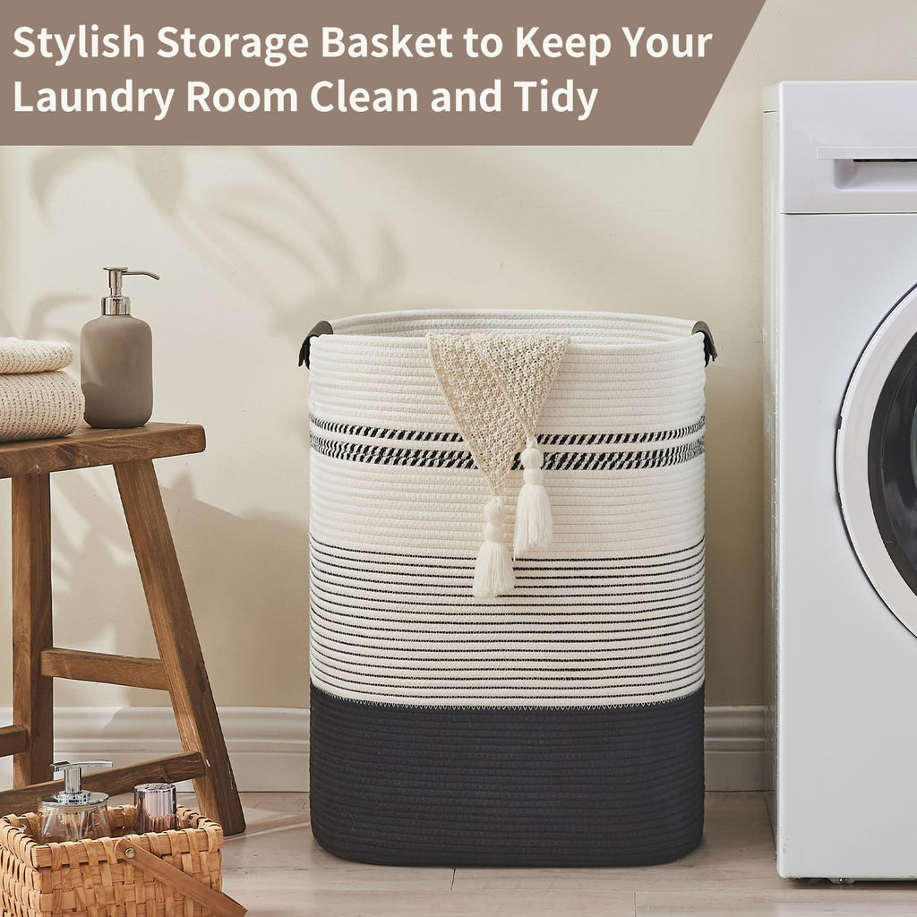 Laundry Hamper - Large Laundry Basket with Leather Handles, Decorative Storage Basket for Blankets - Clothes Hamper