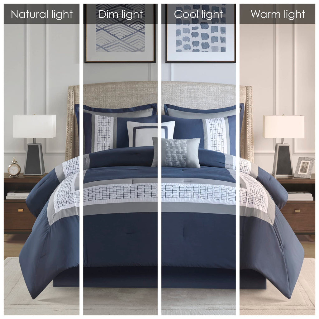 Powell Cozy Comforter Set, Hotel Style Border Design with Geometric Embroidery Details, All Season Bedding with