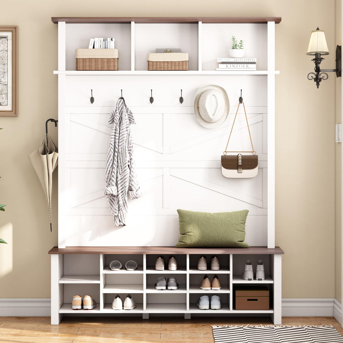 Farmhouse Wood Hall Tree with 6 Hooks and Entryway Shoe Bench, 4-in-1 Coat Rack with 16 Open Compartments &
