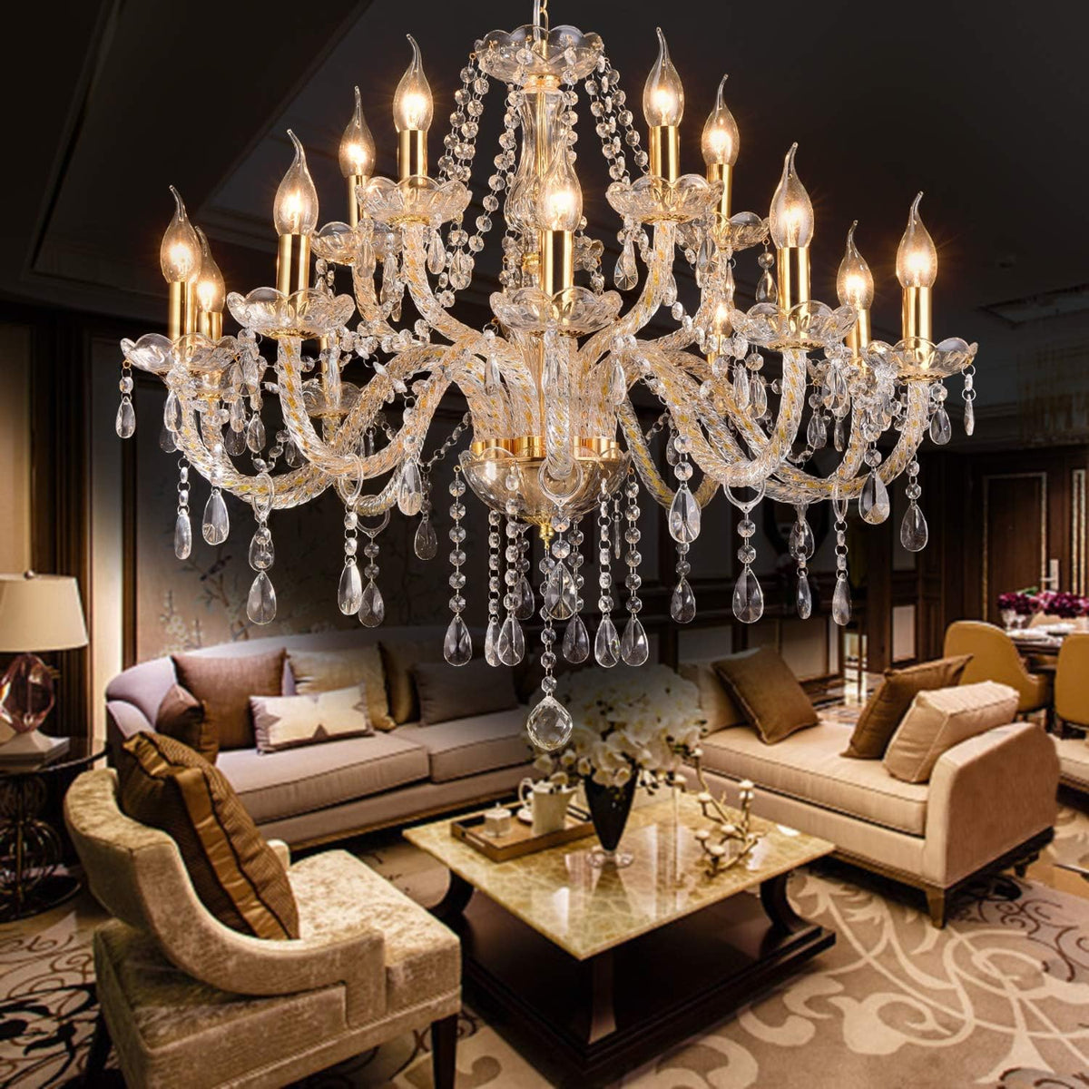Gilded Candle Crystal Chandelier with Draped Prism Strands, Large