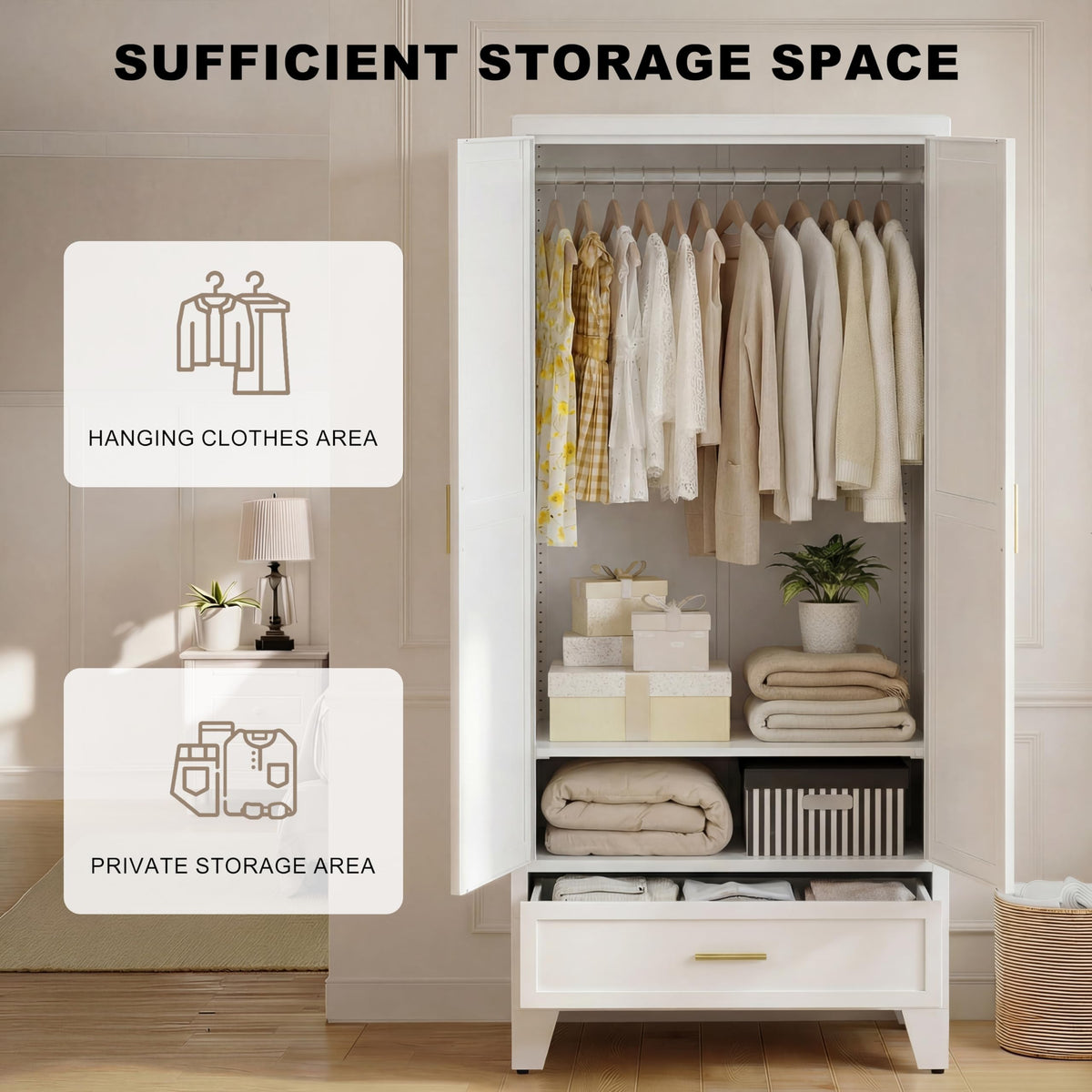71" H White Closet,Armoire Wardrobe Closet,Metal Wardrobe Closet with Doors and Shelves,Large Wardrobe Closet